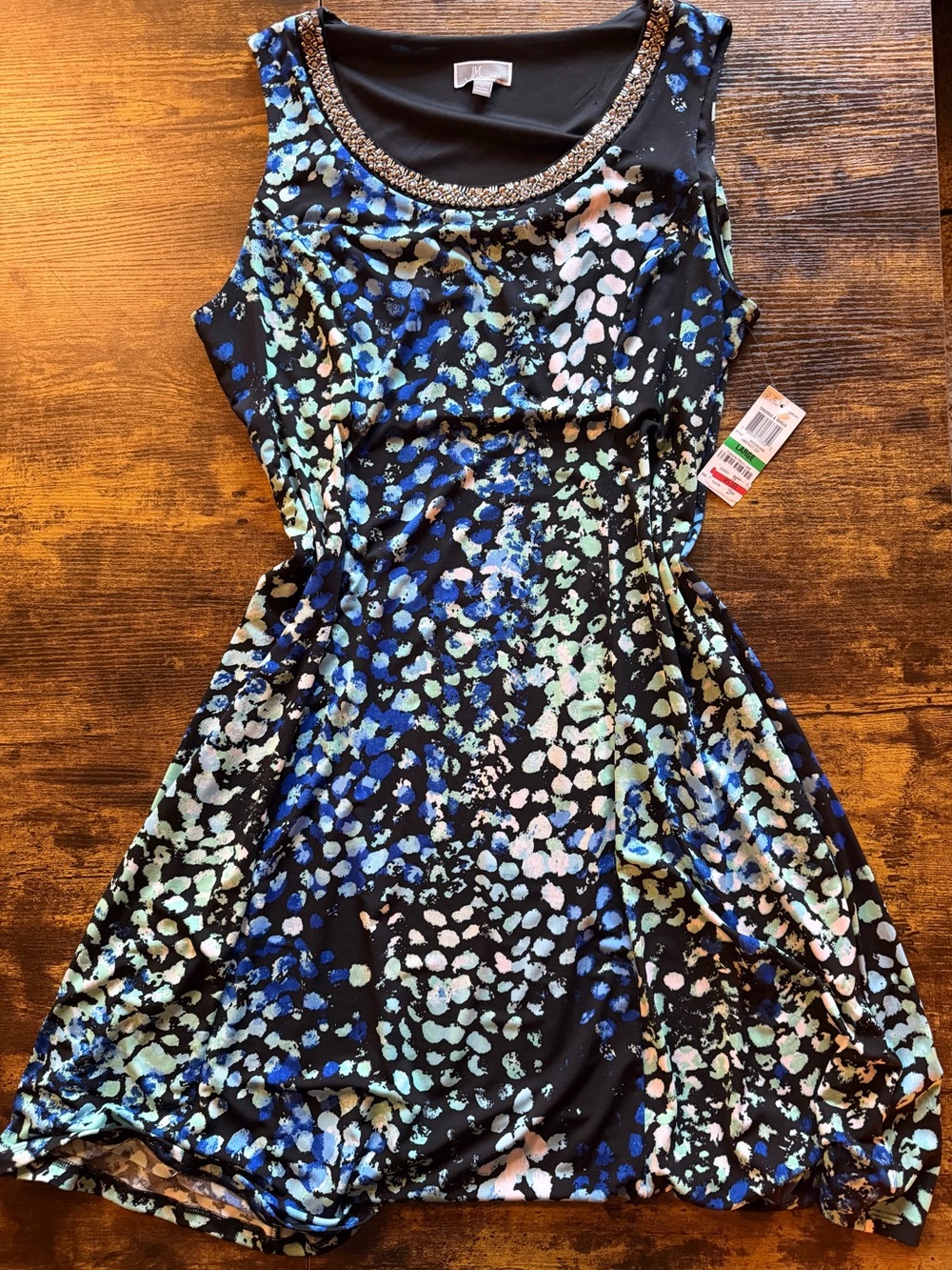 JM Collection Black Sleeveless Midi Dress with Blue, Mint & Pink Spot Print